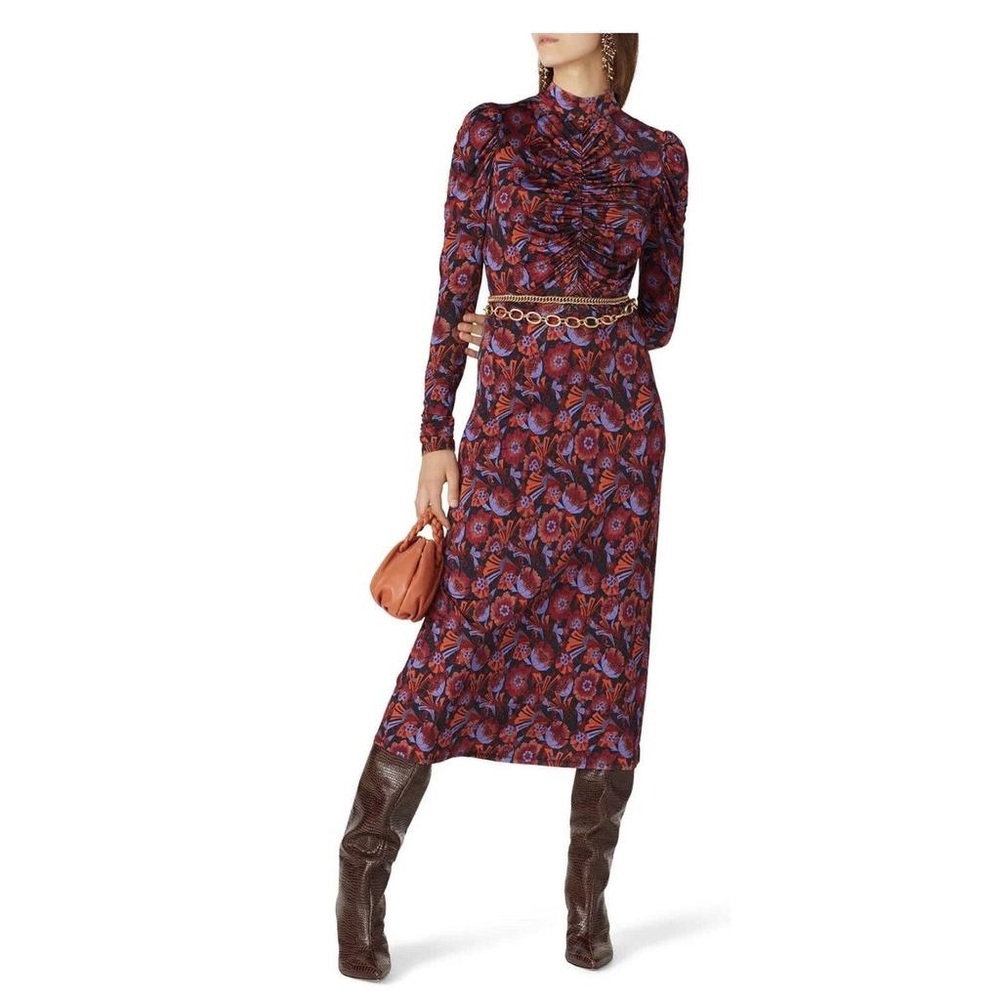 Tanya Taylor Zoe Burgundy and Blue Floral Long-Sleeve Midi Dress